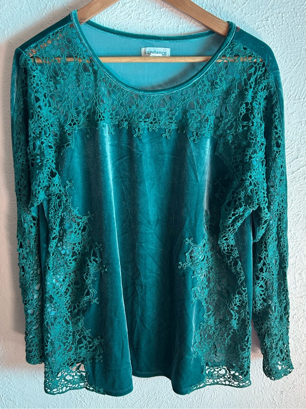 Sundance Teal Velvet Lace Long Sleeve Top XL Whimsigoth Romantic Boho